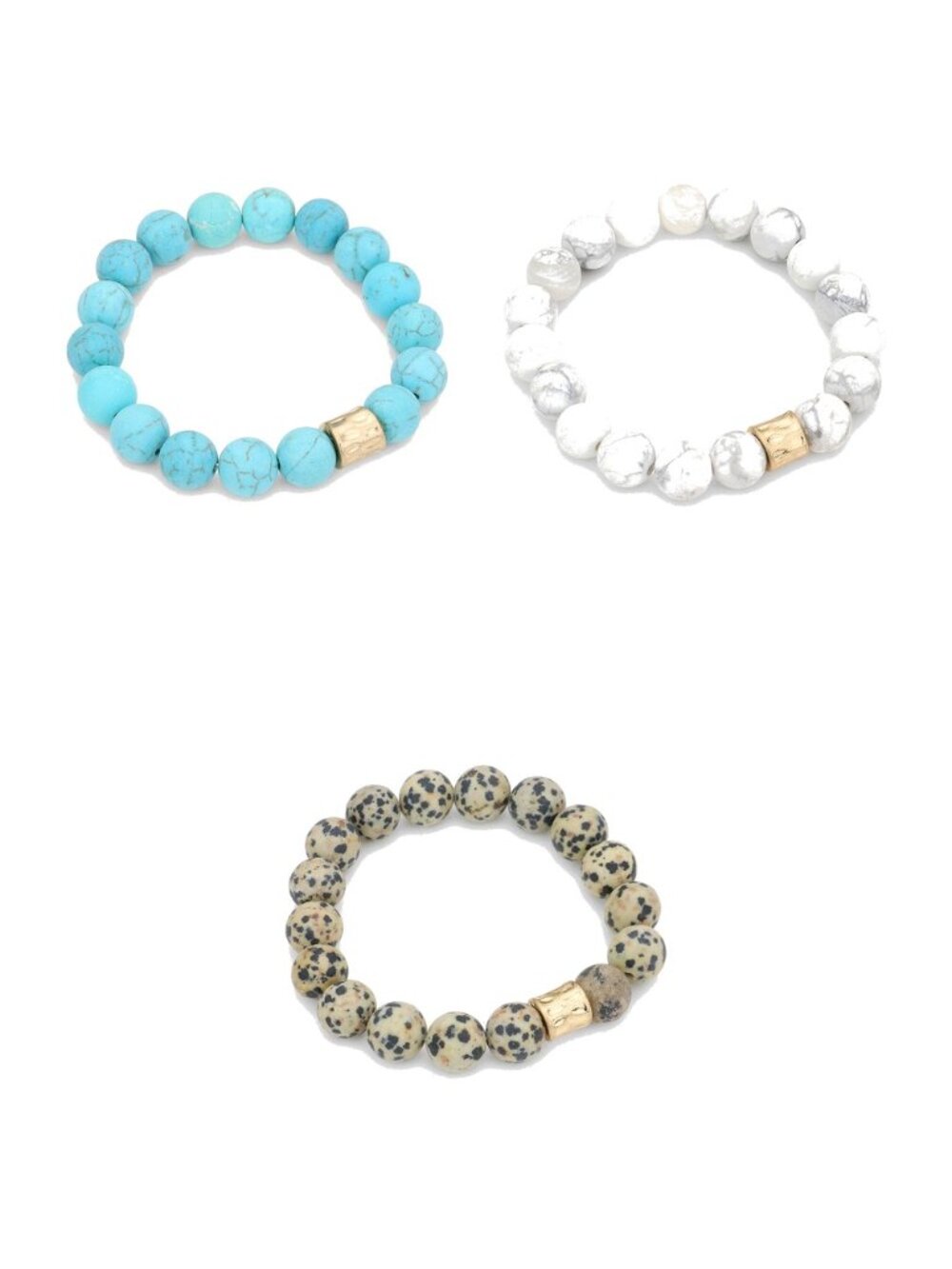 3 Bracelet Stack - Turquoise Howlite, White Howlite, Dalmatian Jasper Set
